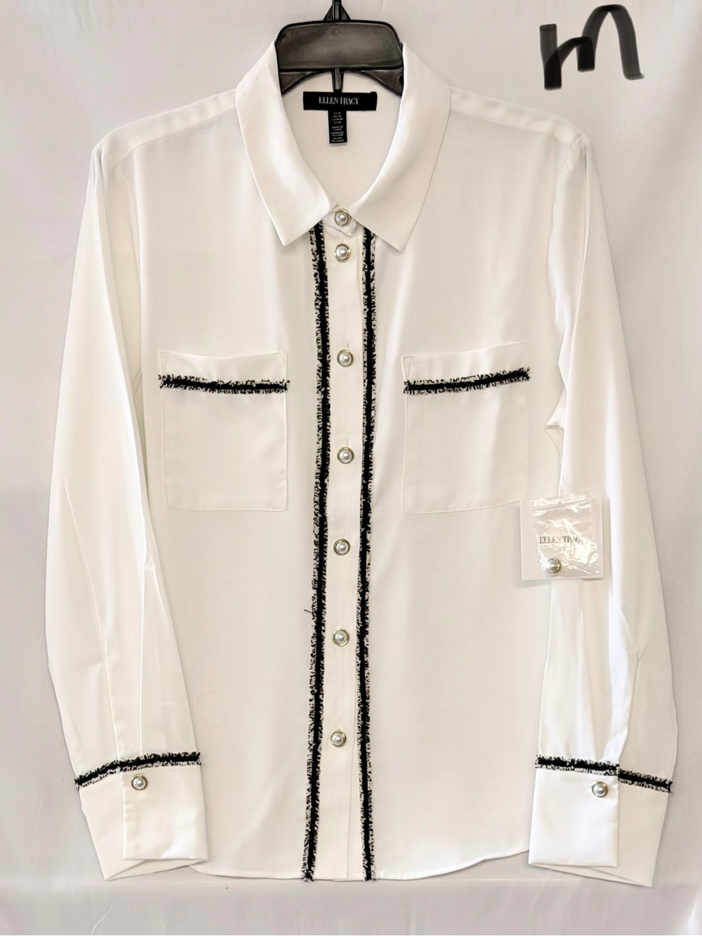Ellen Tracy White Button-Front Shirt with Black Fringe Trim